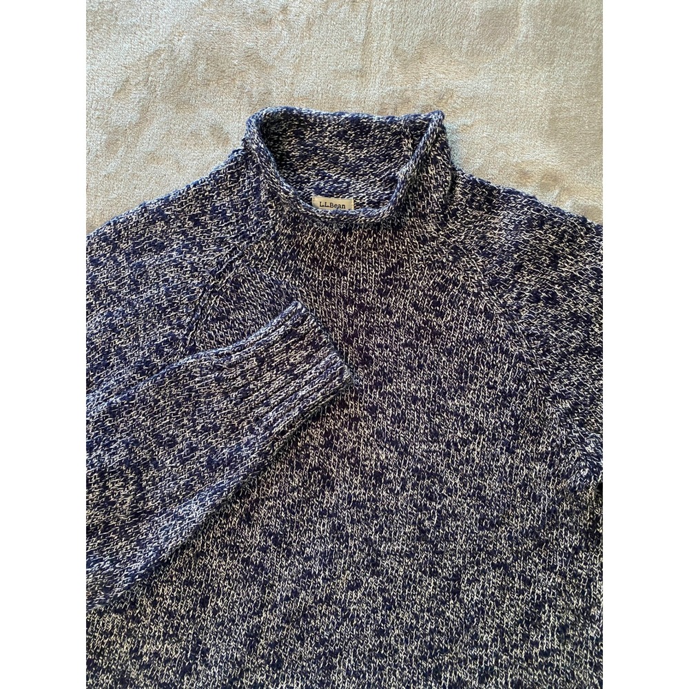 LL Bean Sweater Sz M Blue Marled Cotton Roll Neck Raglan Chunky Nautical Coastal